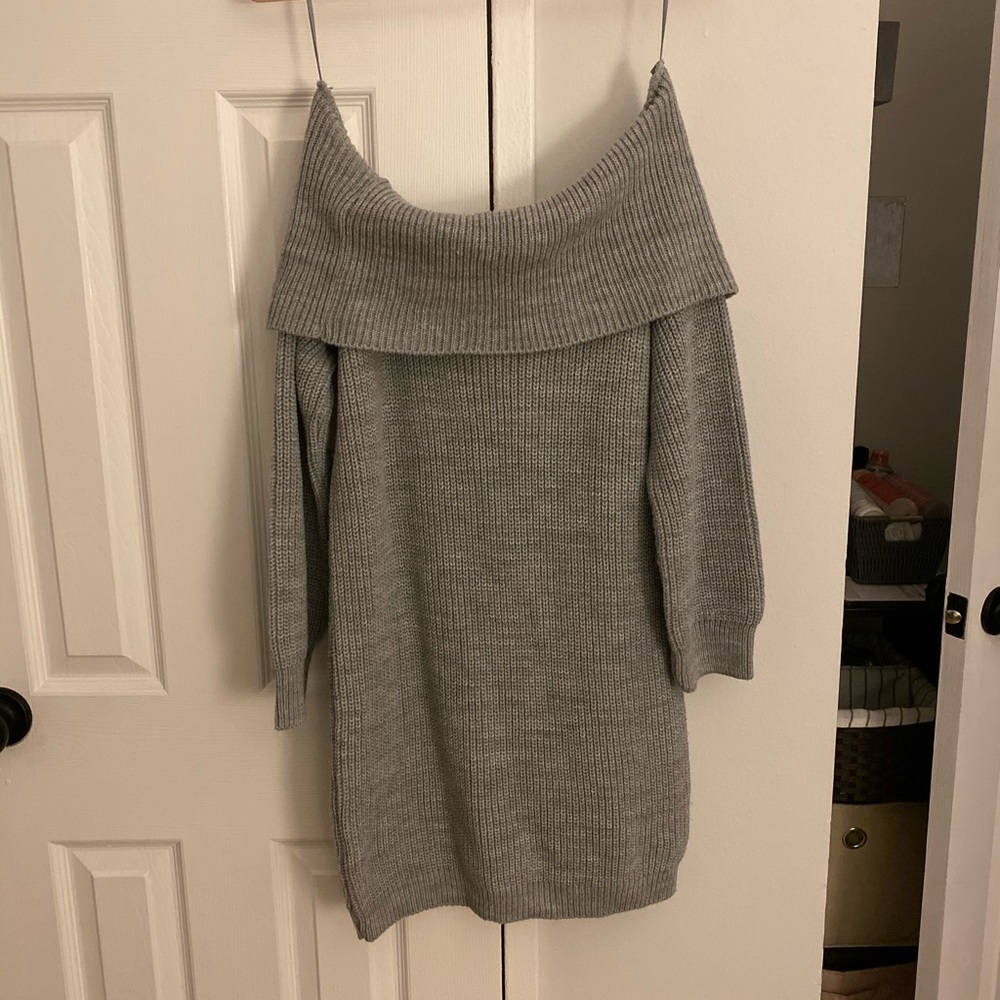 Off the shoulder gray knit sweater dress